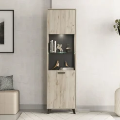 Vetrine > Dmora Vetrina Marrone Rovere Chiaro Nero 4 Ripiani Apertura Battente 53.5x33x191.5h cm, Un'anta - Raggiolo Nero, Marrone Rovere chiaro