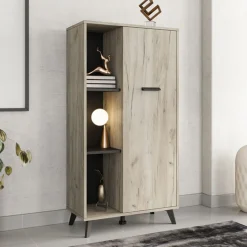 Vetrina Marrone Rovere Chiaro Nero 4 Ripiani Un'anta 67.5x33x130.5h cm, 6 Vani - Dolzago