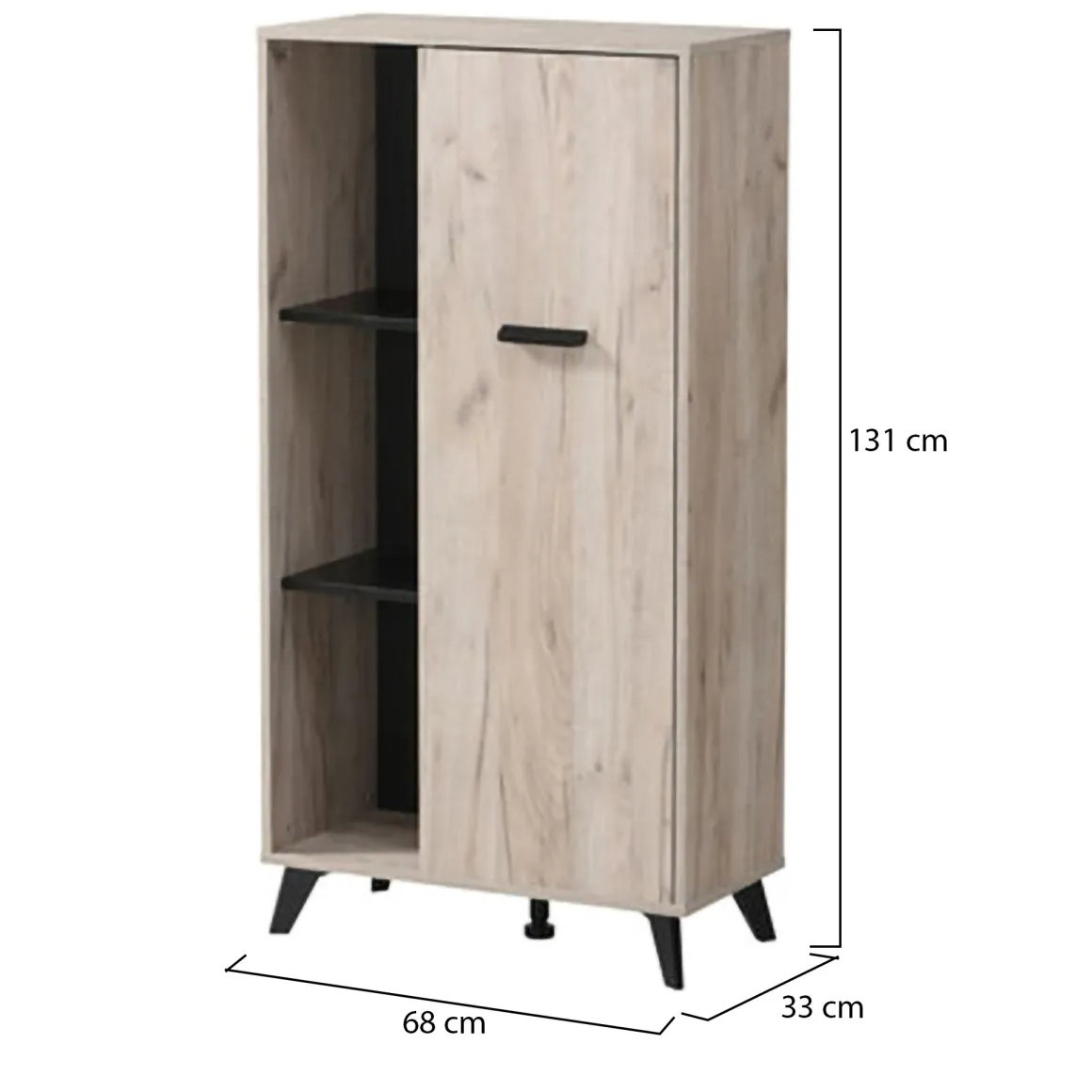 Vetrina Marrone Rovere Chiaro Nero 4 Ripiani Un'anta 67.5x33x130.5h cm, 6 Vani - Dolzago