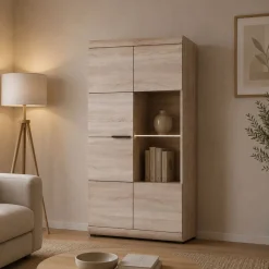 Vetrine > Dmora Vetrina Marrone Rovere Nero 8 Ripiani 2 Ante 80x37x194h cm, con led Angoli Arrotondati - Ladara Nero, Marrone Rovere