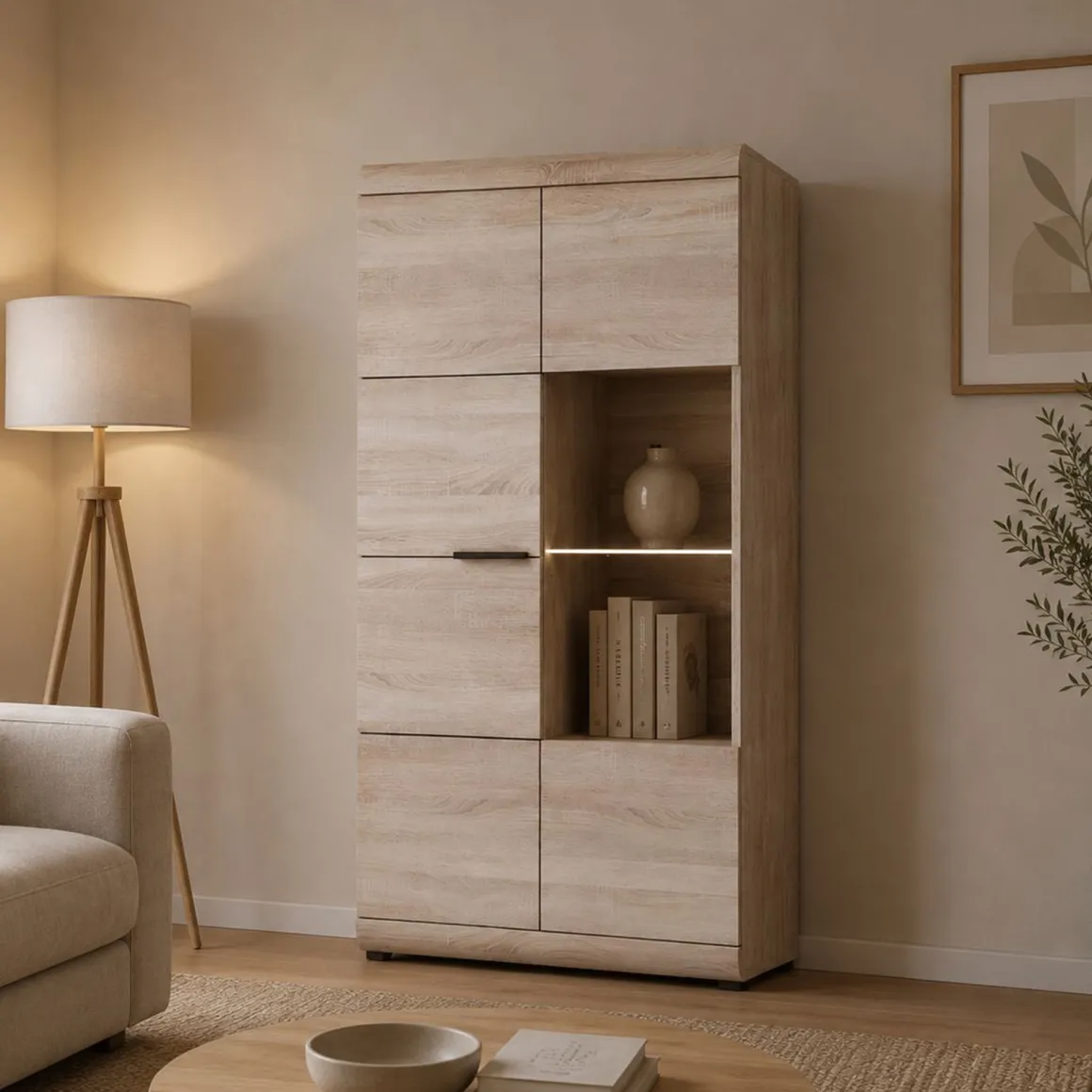 Vetrine > Dmora Vetrina Marrone Rovere Nero 8 Ripiani 2 Ante 80x37x194h cm, con led Angoli Arrotondati - Ladara Nero, Marrone Rovere