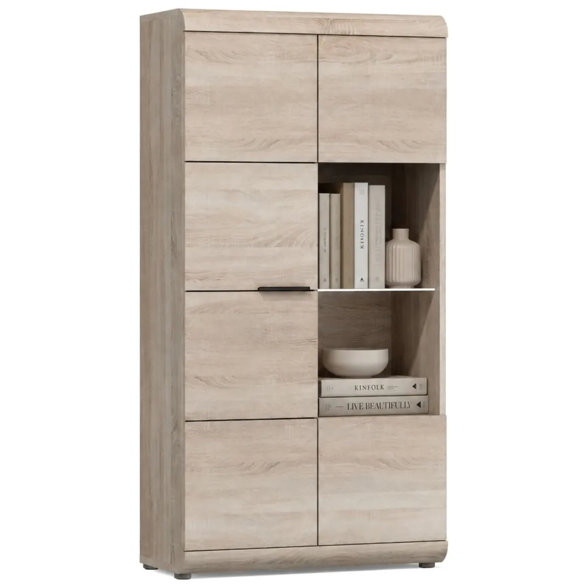 Vetrine > Dmora Vetrina Marrone Rovere Nero 8 Ripiani 2 Ante 80x37x194h cm, con led Angoli Arrotondati - Ladara Nero, Marrone Rovere
