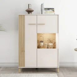 Vetrine > Dmora Vetrina Marrone Rovere Nodi Beige 4 Ripiani Cassetti 59.5x40x192.5h cm, Un'anta - Mondaino Beige, Marrone Rovere Nodi
