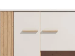 Vetrine > Dmora Vetrina Marrone Rovere Nodi Beige 4 Ripiani Cassetti 59.5x40x192.5h cm, Un'anta - Mondaino Beige, Marrone Rovere Nodi