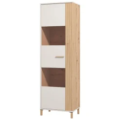 Vetrine > Dmora Vetrina Marrone Rovere Nodi Beige 4 Ripiani Cassetti 59.5x40x192.5h cm, Un'anta - Mondaino Beige, Marrone Rovere Nodi