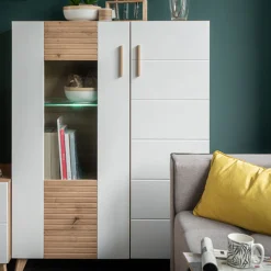 Vetrine > Dmora Vetrina Marrone Rovere Nodi Bianco un Ripiano Apertura Battente 58x35x202.5h cm, Un'anta - Camastra Bianco, Marrone Rovere Nodi