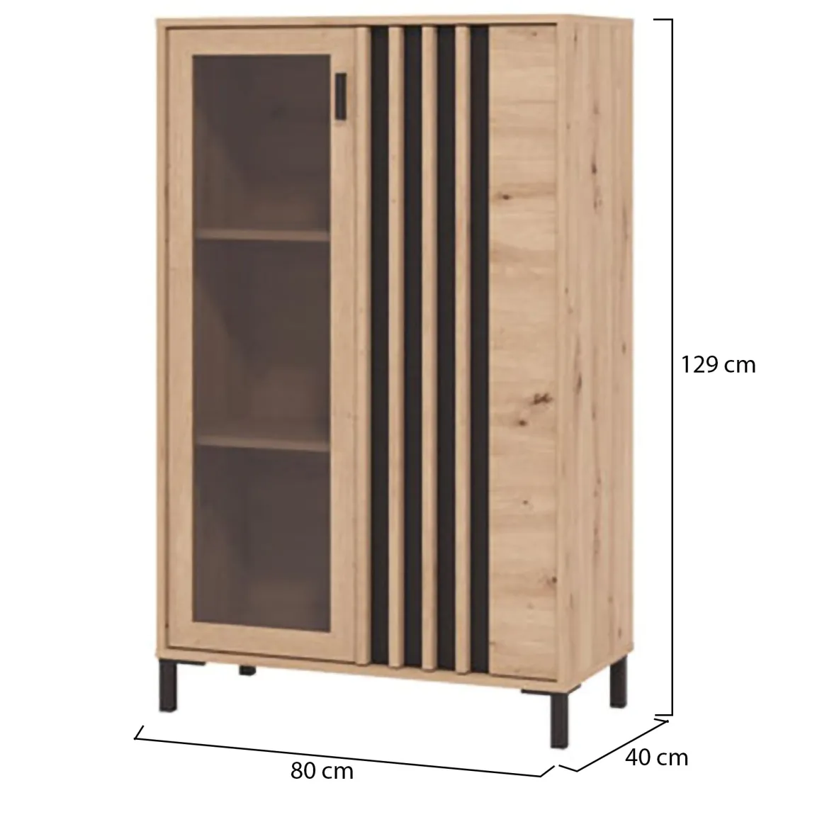 Vetrine > Dmora Vetrina Marrone Rovere Nodi Nero 4 Ripiani 2 Ante 55x40x193h cm, con Piedini, Anta e Ripiano Dettaglio Vetro - Ovodda Nero, Marrone Rovere Nodi