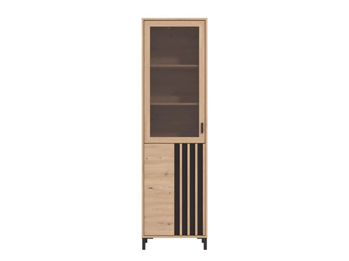Vetrine > Dmora Vetrina Marrone Rovere Nodi Nero 4 Ripiani Apertura Battente 54.5x40x195h cm, 2 Ante - Sorisole Nero, Marrone Rovere Nodi