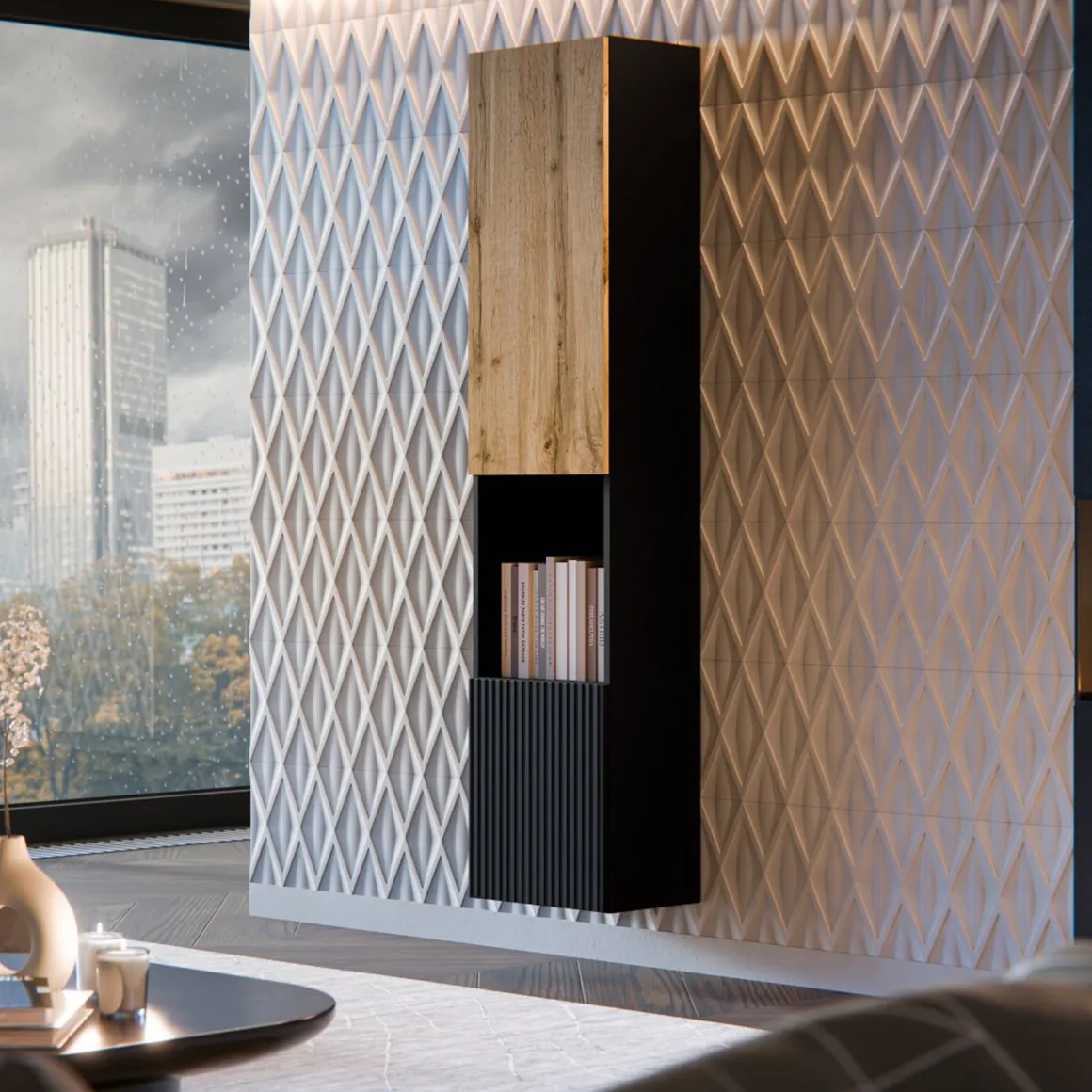 Vetrina Nero Antracite Marrone Rovere 4 Ripiani 2 Ante 39.9x29.8x180h cm, Apertura Push Pull - Botte