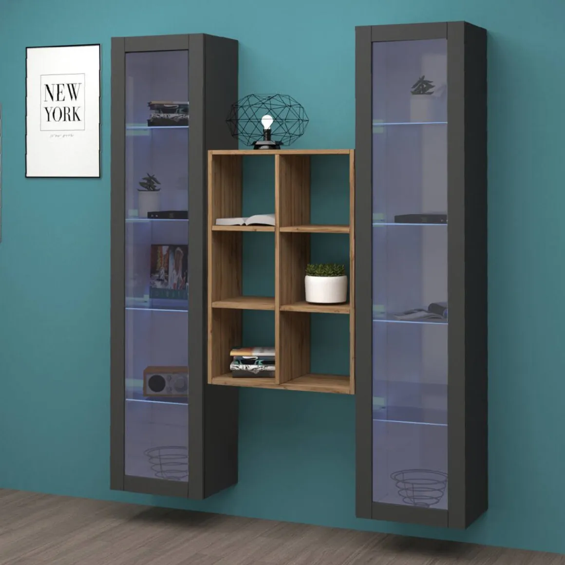 Vetrina Nero Antracite 12 Ripiani Apertura Battente 40x30x180h cm, 2 Ante - Gadoni