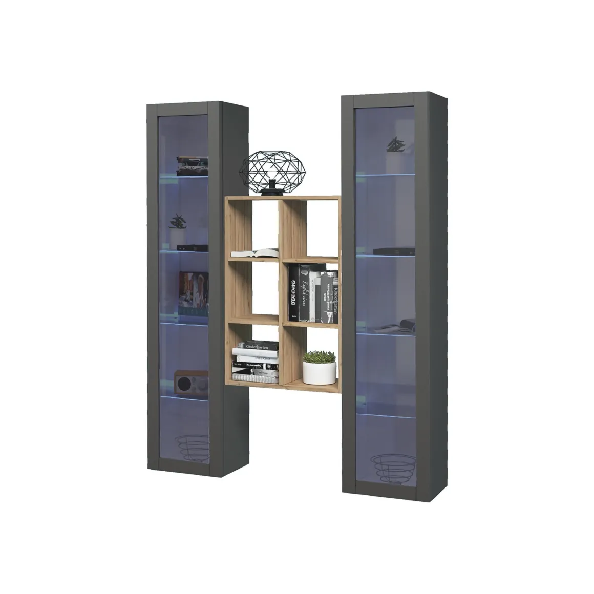 Vetrina Nero Antracite 12 Ripiani Apertura Battente 40x30x180h cm, 2 Ante - Gadoni