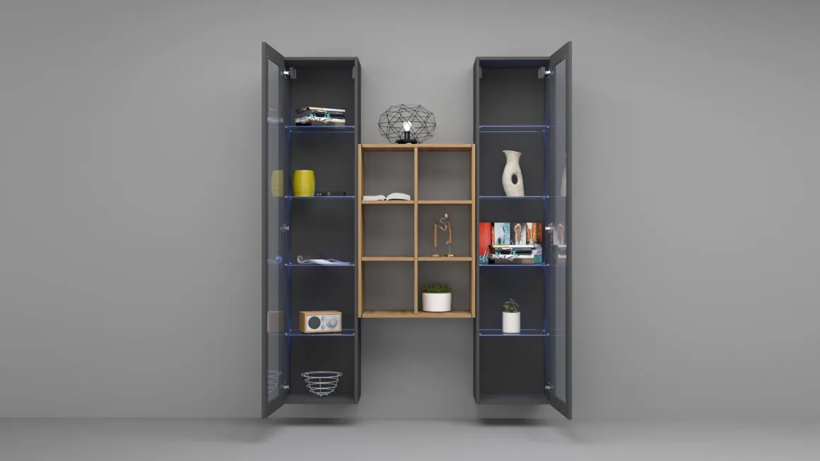 Vetrina Nero Antracite 12 Ripiani Apertura Battente 40x30x180h cm, 2 Ante - Gadoni